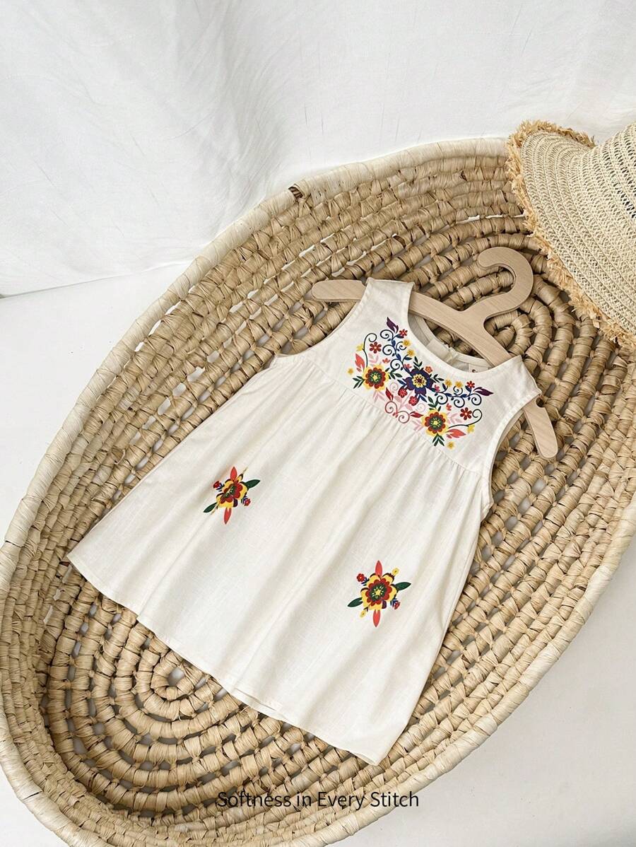 Cozy Pixies Baby Girl Sleeveless Round Neck Floral Print Dress With Cinched Waist