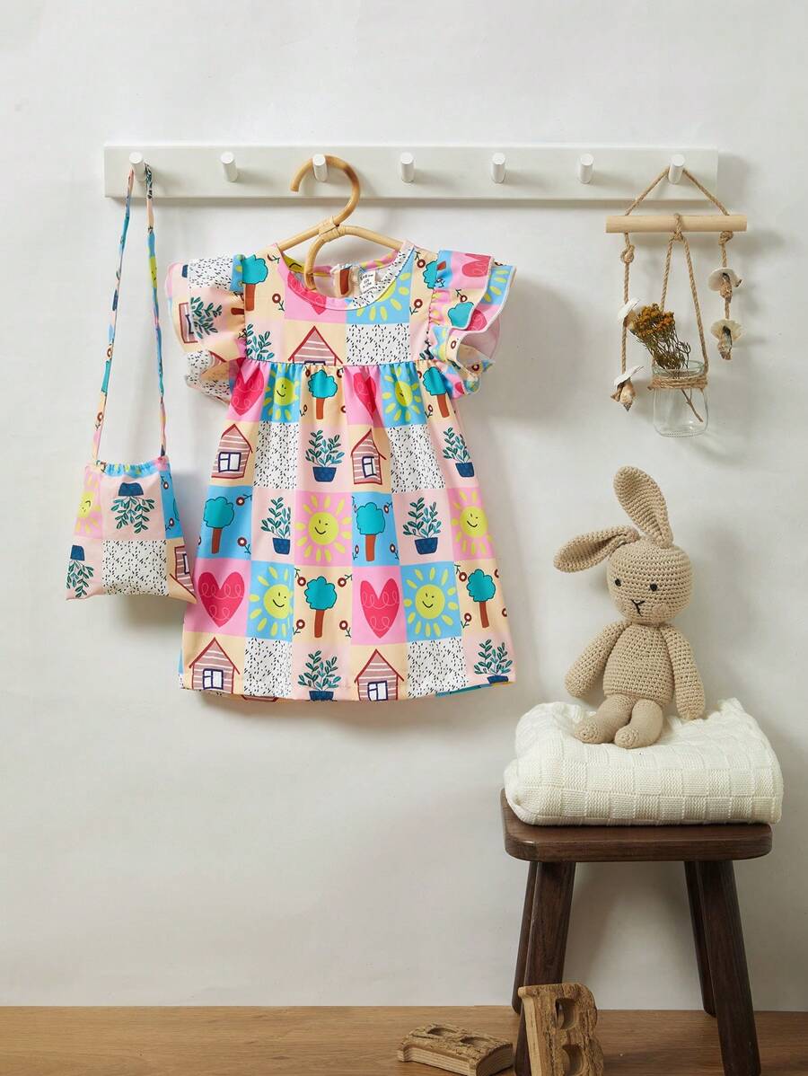 SHEIN Baby Girls' Fun Colorful Checkered Illustration Double Layer Cap Sleeve Dress With Matching Bag, Summer