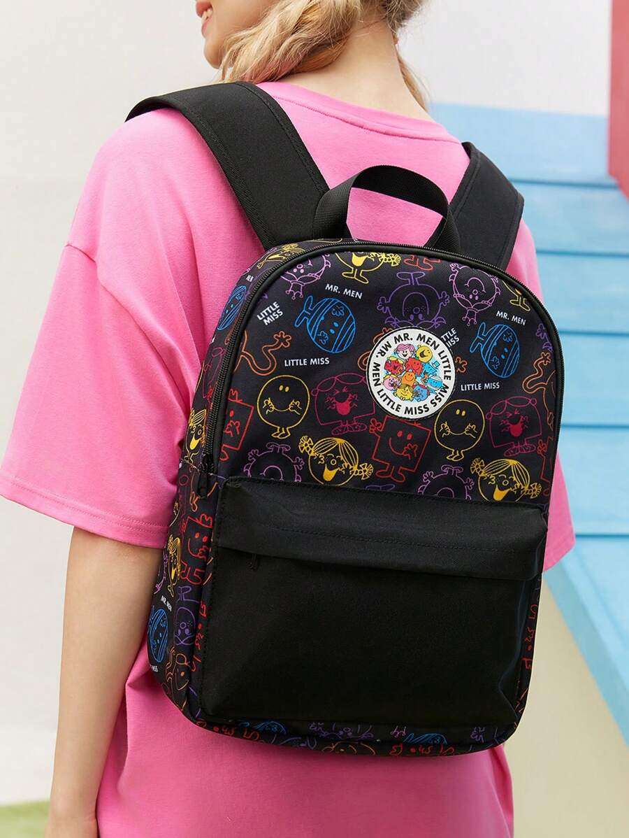 Mr Men Little Miss X SHEIN Black Cartoon And Letter Printed Fashionable Casual Backpack
