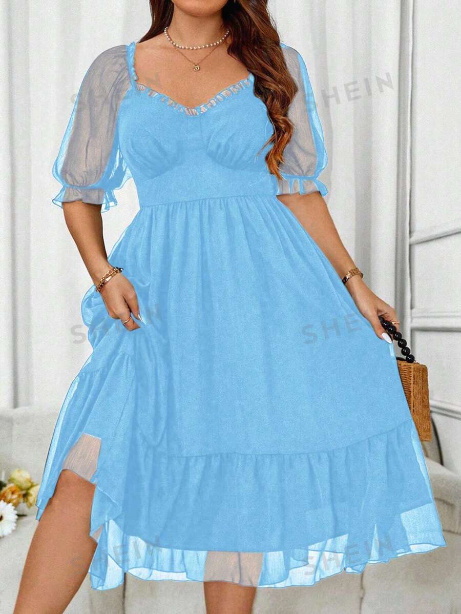 Sunnyshic Vestido de talla grande de chiffón con cuello cuadrado y mangas cortas