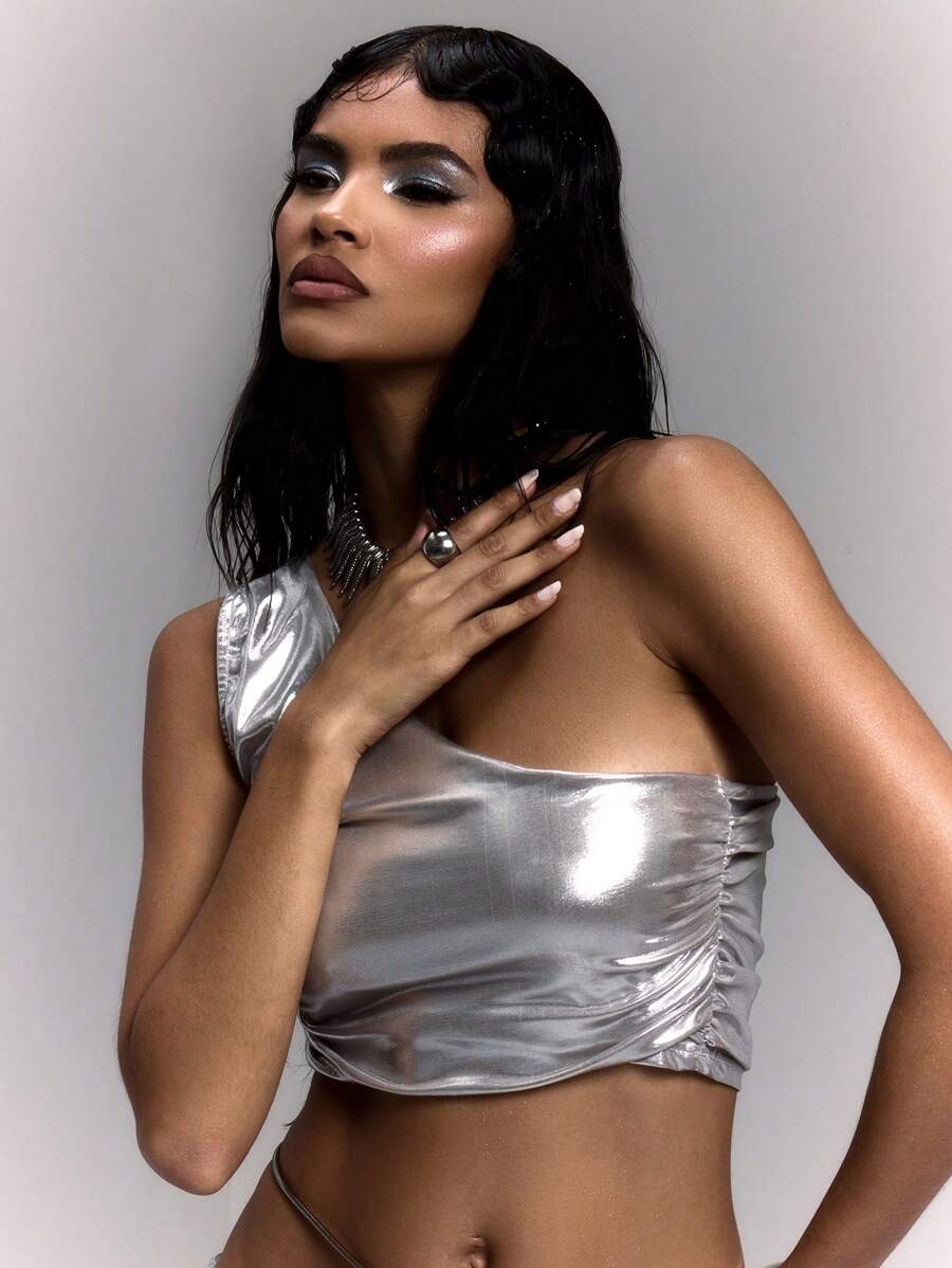 MUSERA Metallic Ruched Side One Shoulder Crop Top Summer Ibiza