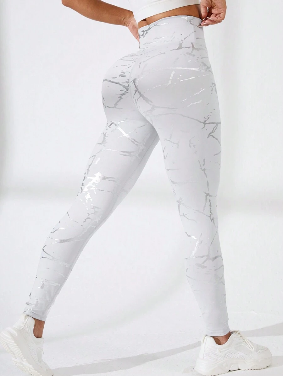 SHEIN Sport Studio High Waist Yoga Pants With Gold Foil Printed, Personalized And Sexy, Sports And Leisure Body Shaping Yoga Leggings