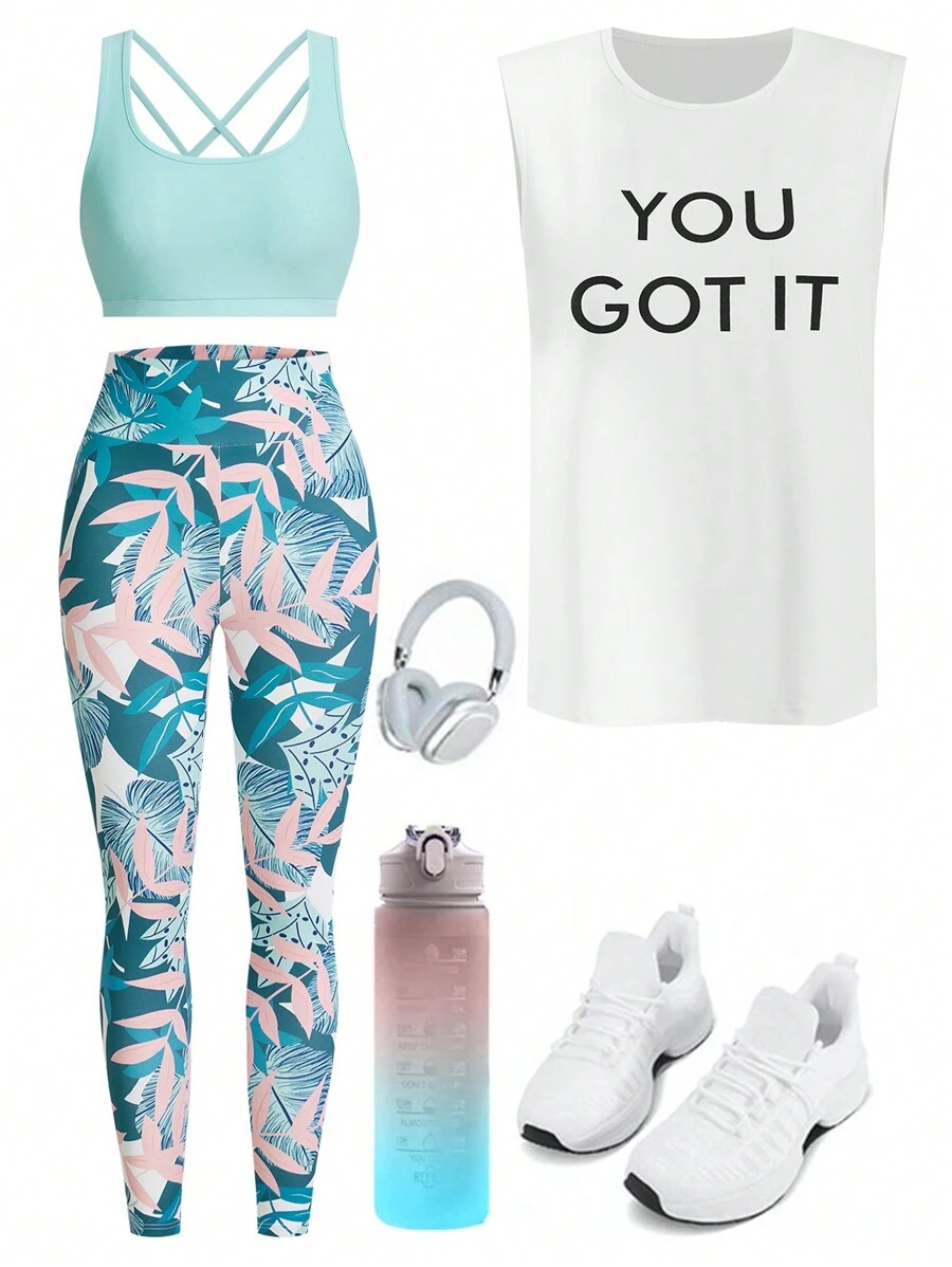 SHEIN Sovereign Charm Women Letter Graphic Workout Tank Top & Tropical Print Leggings & Bra Setwomen Workout Set Women Leggings Set