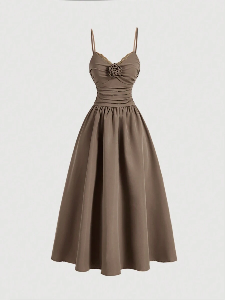 SHEIN MOD Dames buste verzamelde jurk, driedimensionale bloem versierde kaki jurk, bruine jurk, bubbeljurk, elegante jurk, vintage jurk, zwierige jurk, formele jurken bruiloft, elegante avondjurk, elegante avondjurk