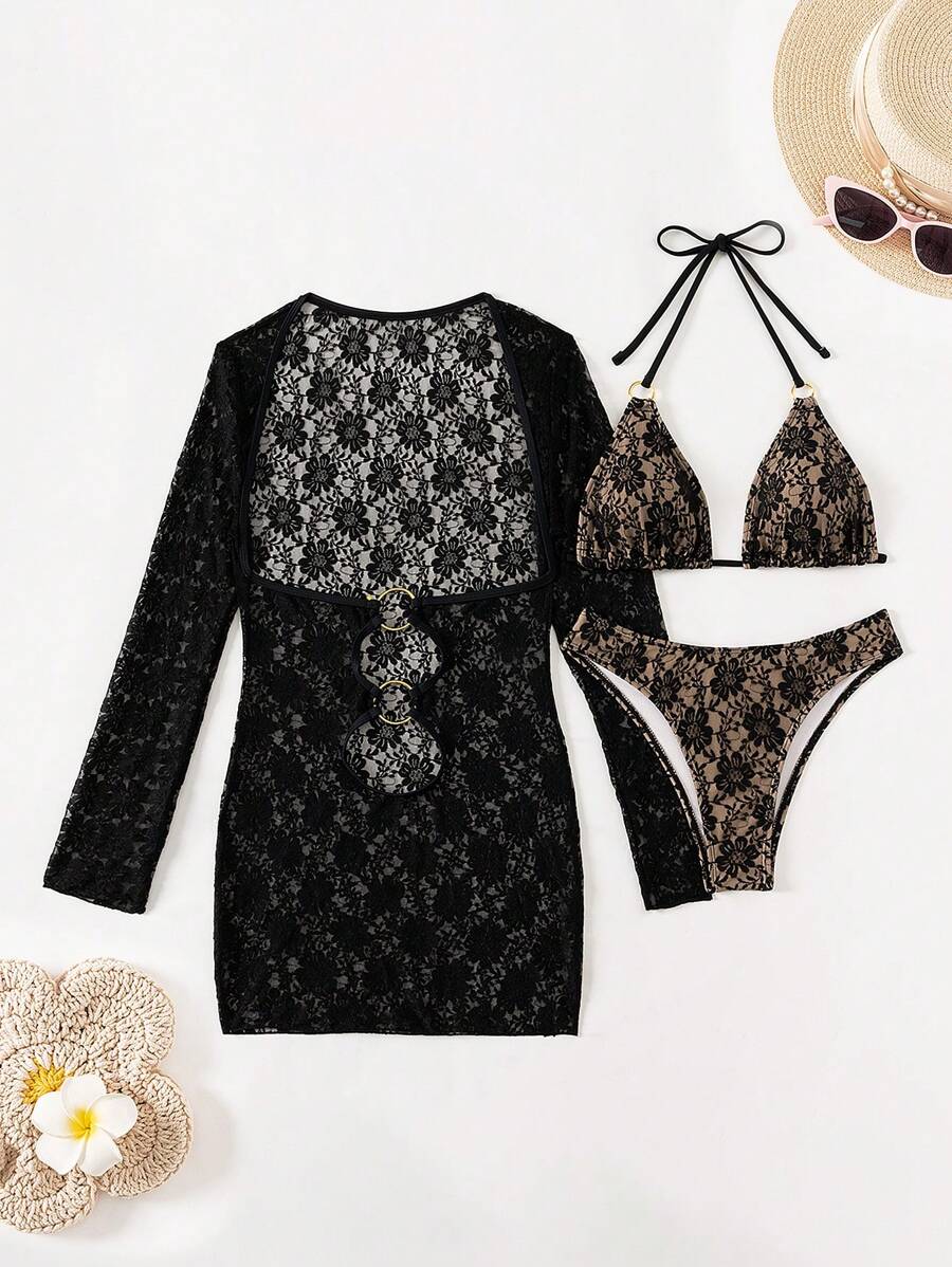 SHEIN Swim Damski 3-częściowy letni kwiat plażowy koronkowy zestaw bikini typu halter z bikini zakrywającym sukienkę