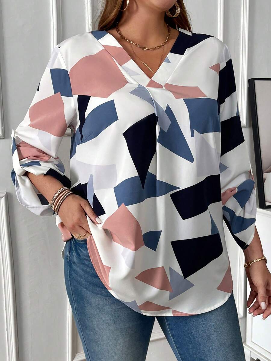 EMERY ROSE Plus Geo Print Roll Tab Sleeve Blouse