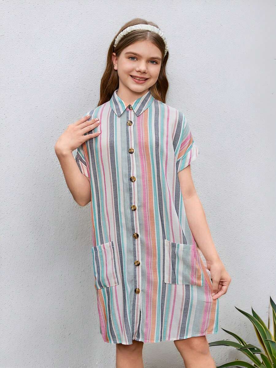 Tween Girl Loose Casual Cotton Color-Block Striped Two Pocket Batwing Sleeve Shirt Dress