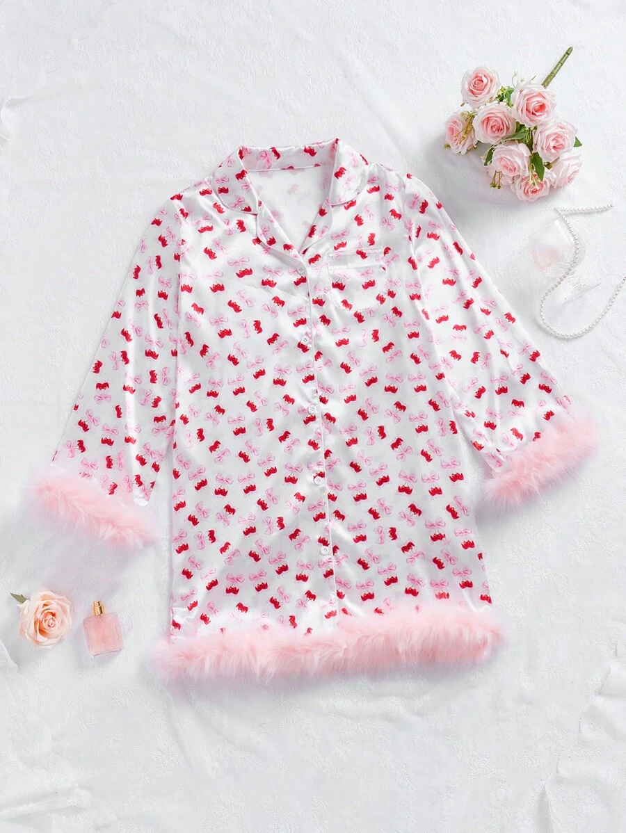 Allover Print Satin Contrast Fluffy Pajama Night Dress