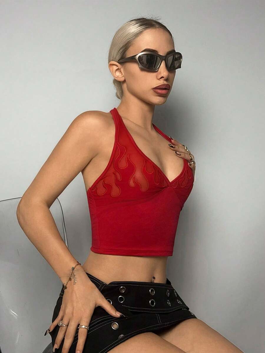 SHEIN ICON Slim-Fit Flame Mesh Splice Halter Neck Women's Tank Top