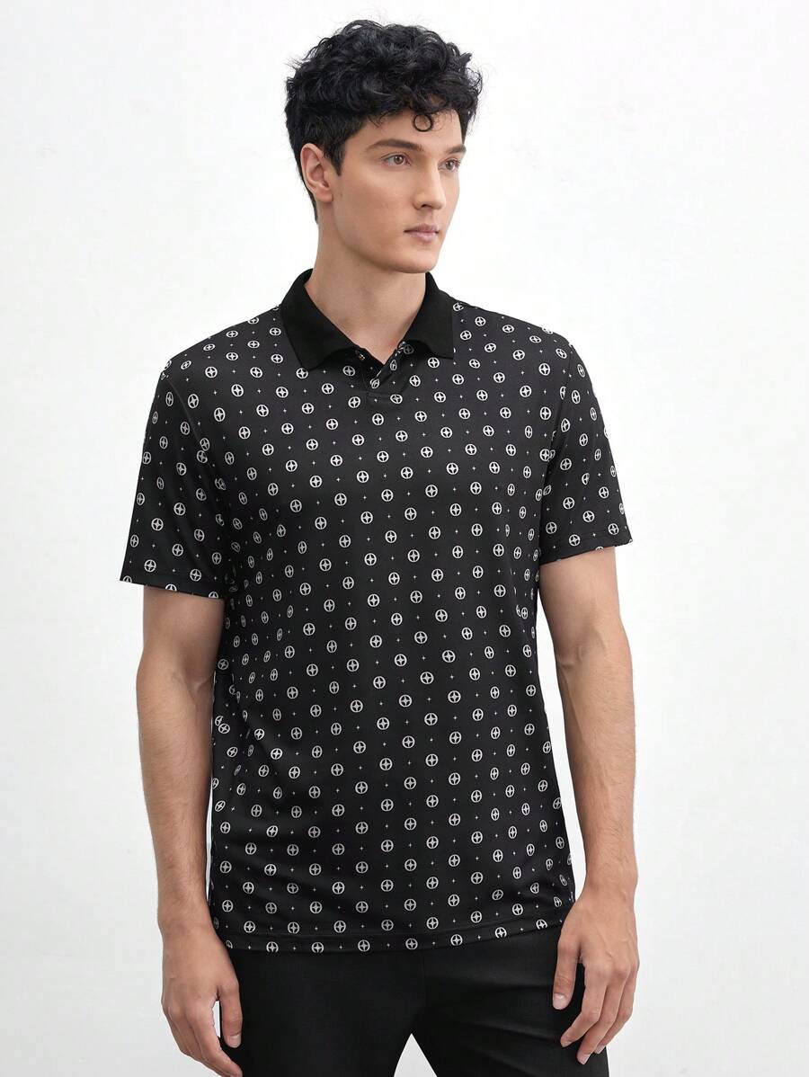 AKNOTIC Business Casual Men's Knitted Pattern Printed Slim Fit Short Sleeve Polo Shirt, Suitable For Summer