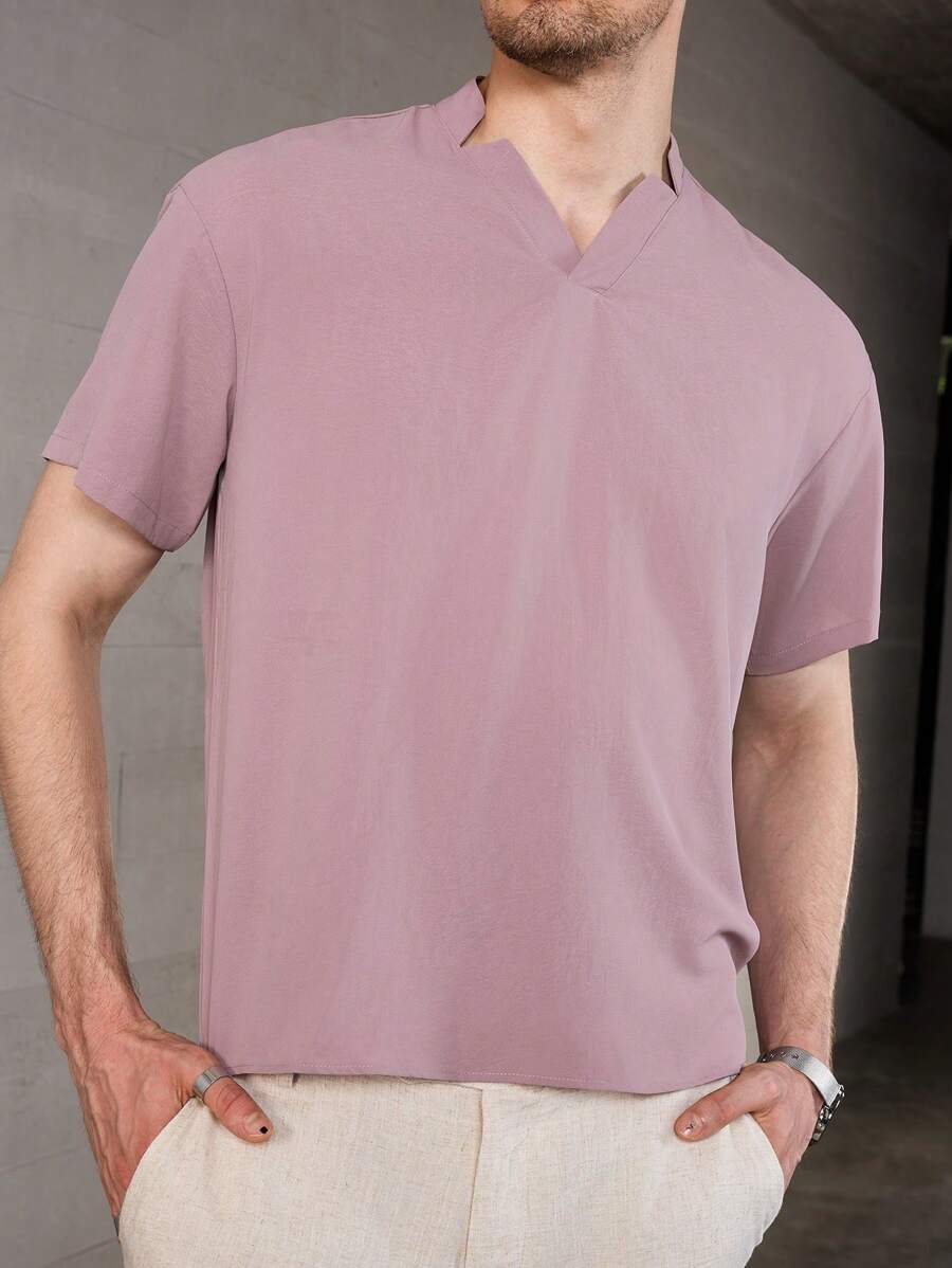 Manfinity Homme Men's Summer Solid Color Notched V-Neck Short Sleeve Casual Loose Shirt