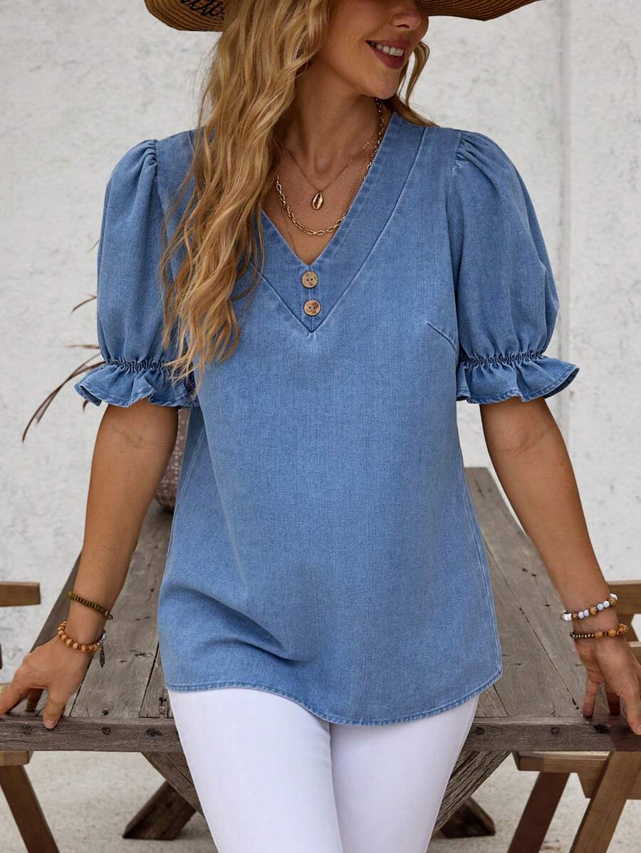 SHEIN LUNE Puff Sleeve Button Detail Denim Top For Summer