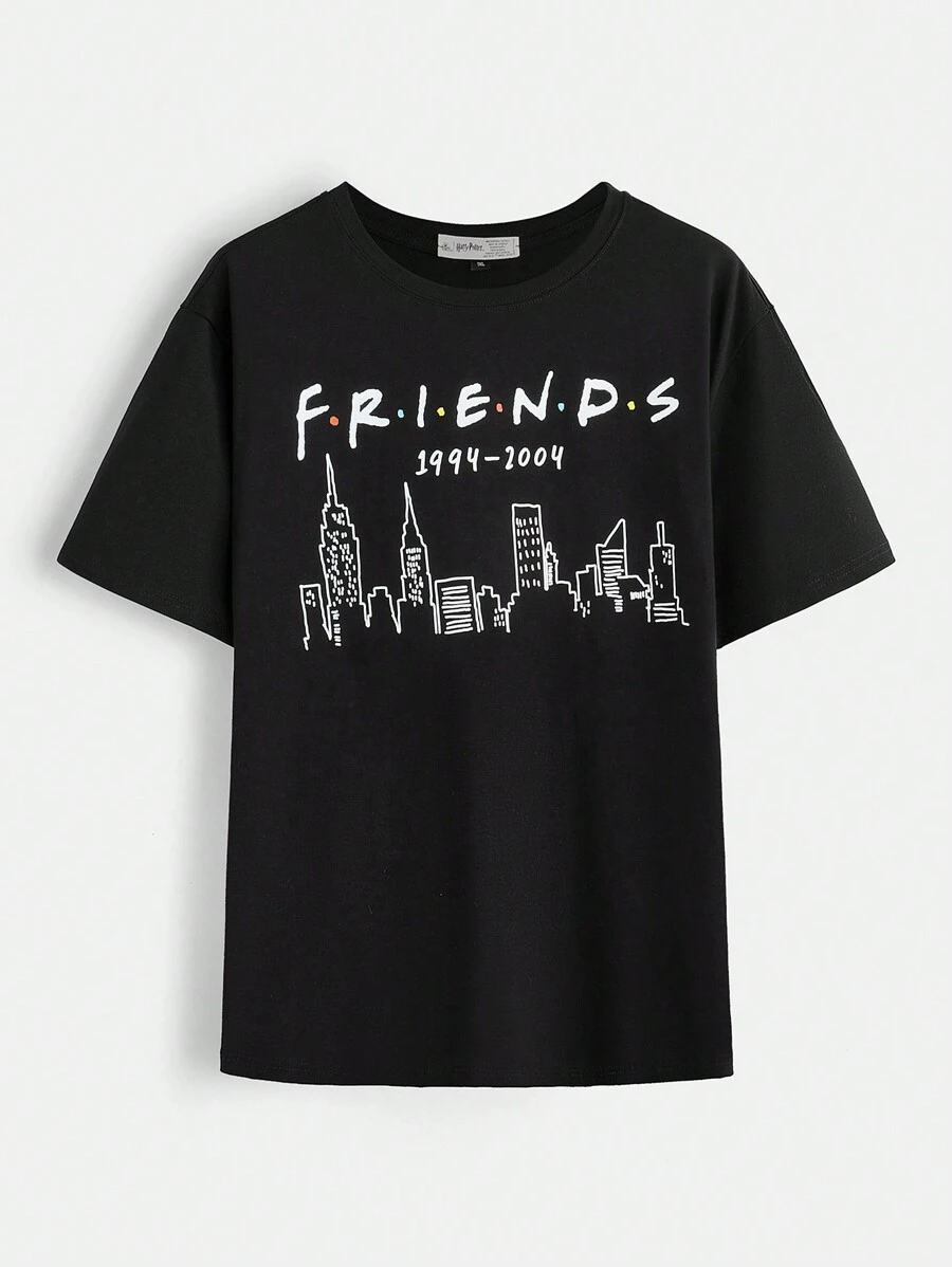 FRIENDS X SHEIN Plus Size Black Casual Loose Drop Shoulder T-Shirt With Simple Line Drawing Architecture And Letter Print, Summer FRIENDS 1994-2004