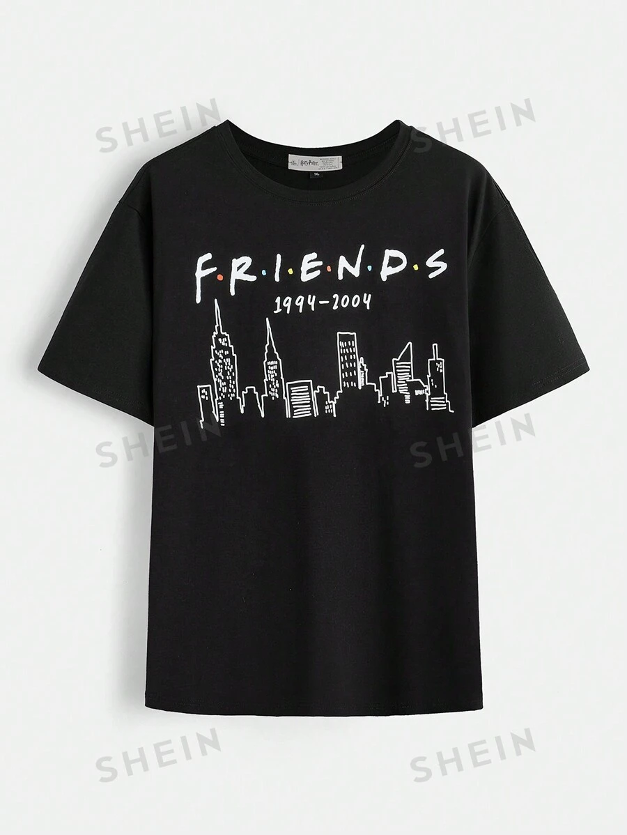 FRIENDS X SHEIN Camiseta casual holgada de manga caída para talla grande con dibujo de arquitectura de línea simple y estampado de letra, verano 1994-2004