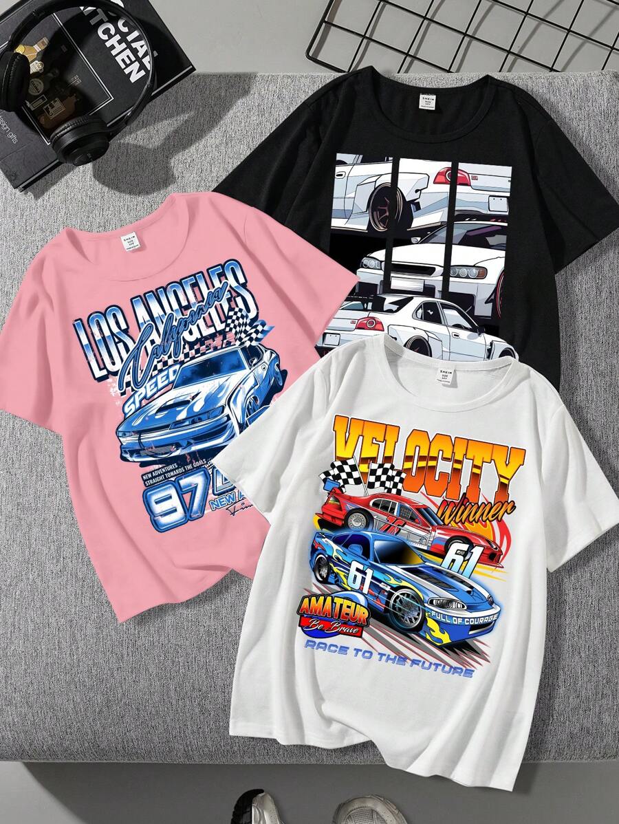 SHEIN EZwear 3pcs Casual Minimalist Car Pattern Loose Fit Women's Short Sleeve T-Shirt, Summer, SPEED NEW ADVENTURES STRAIGHT TOWARDS THE GOALS 97 NEW AMATEUR Be Brave RACE TO THE FUTURE VELOCITY 61 FULL OF COURAGE
