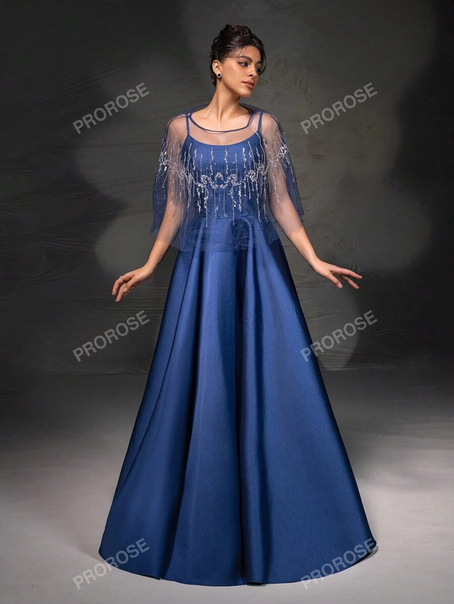 Nuovo elegante vestito da sera a trapezio con spalline in pizzo e rete con scialle