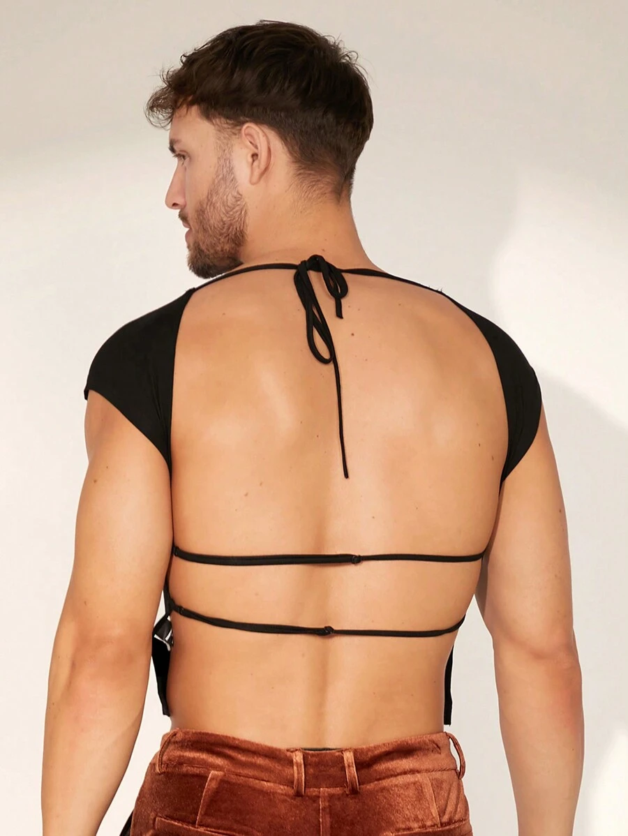 FeverCity Camiseta de manga corta de punto ceñida para hombres, diseño sin espalda, adecuada para el verano