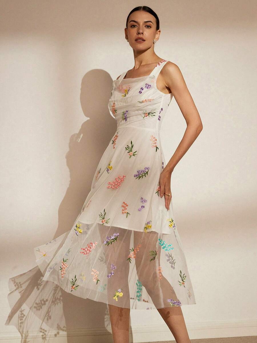Aveloria Rosie Vestido de vacaciones para mujer, tirantes finos y sin mangas, con malla transparente de hada y bordado