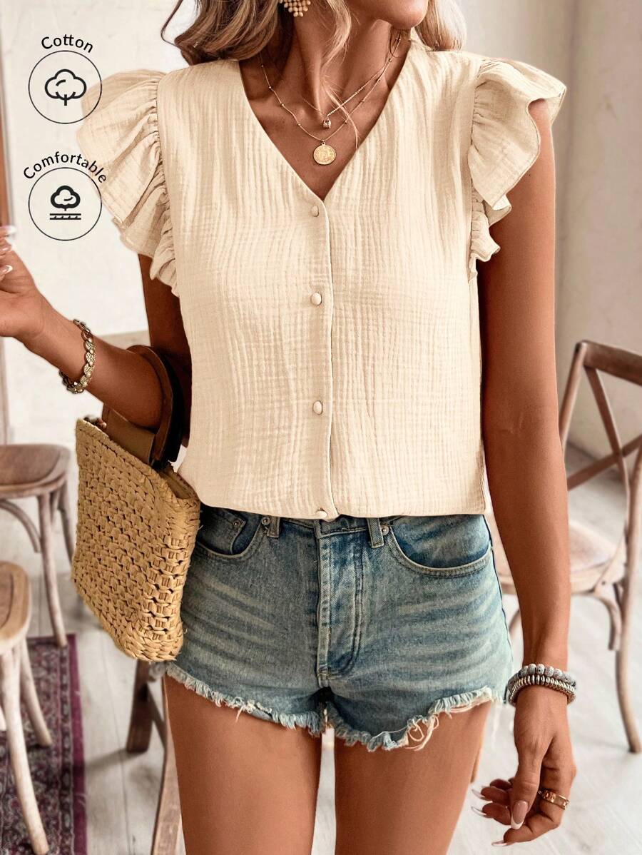SHEIN Frenchy 100% Cotton Women Top, Cottagecore Aesthetic, Crepe Fabric With Butterfly Sleeves, Open Placket, Loose Fit For All Body Type, Short Summer Top Blouse