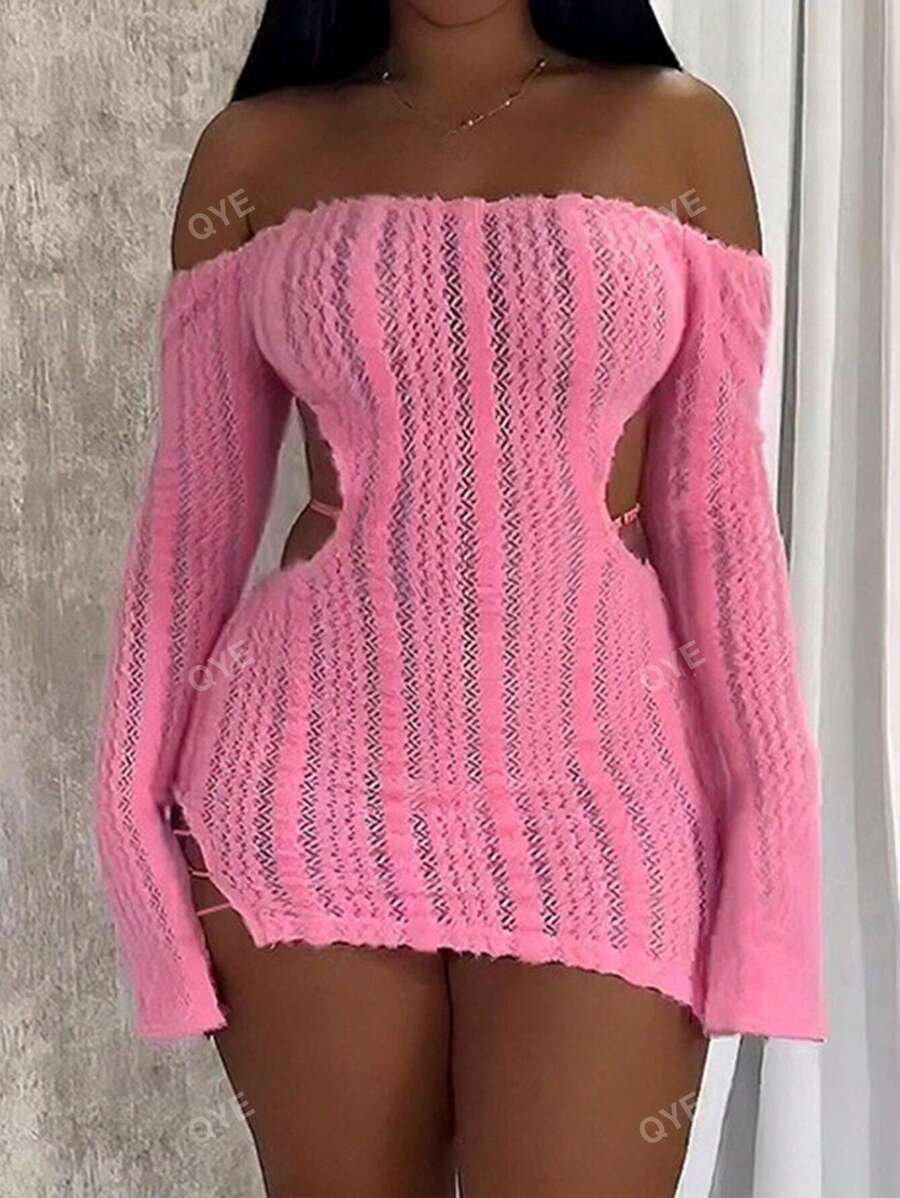 Vestido ajustado con hombros descubiertos y diseño calado de color liso, vestido corto de mujer sexy con corte, borde de lechuga, manga larga dividida con hombros descubiertos, ajuste regular, mangas cortas acampanadas, vestido corto liso para mujer, uso diario casual, primavera/otoño