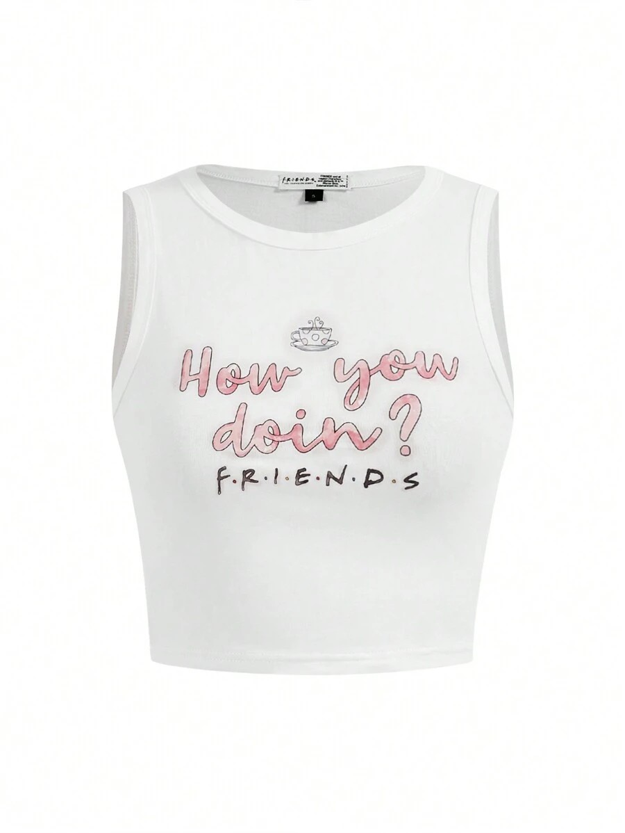 FRIENDS X SHEIN Women's Casual Slogan & Coffee Cup Print White Tank Top, Summer How You Doin