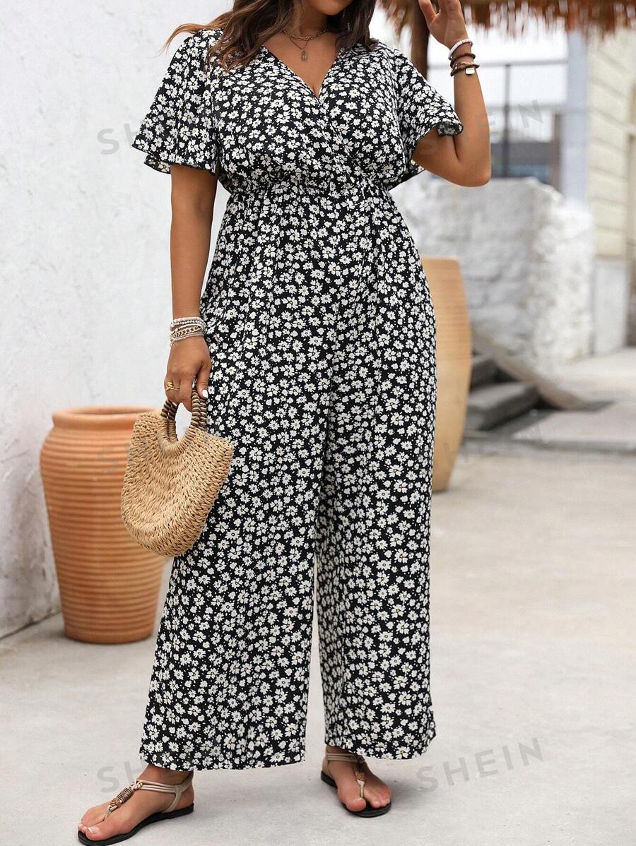 SHEIN LUNE Mono con estampado floral y cintura ceñida para vacaciones y ocio, talla grande, verano