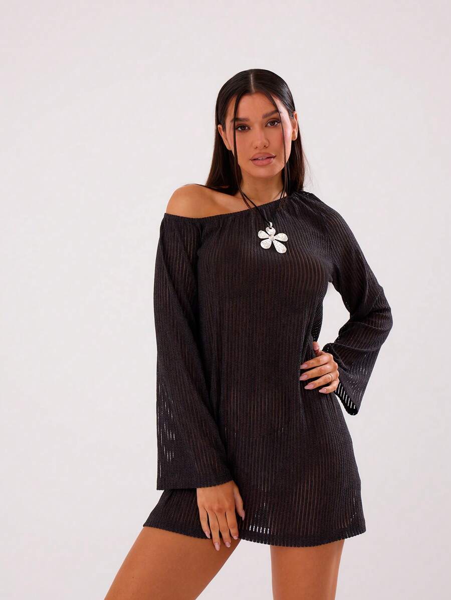 MUSERA Vestido corto de manga larga asimétrico de hombro con escote en minifalda, sexy y lindo, de punto transparente, para primavera y verano
