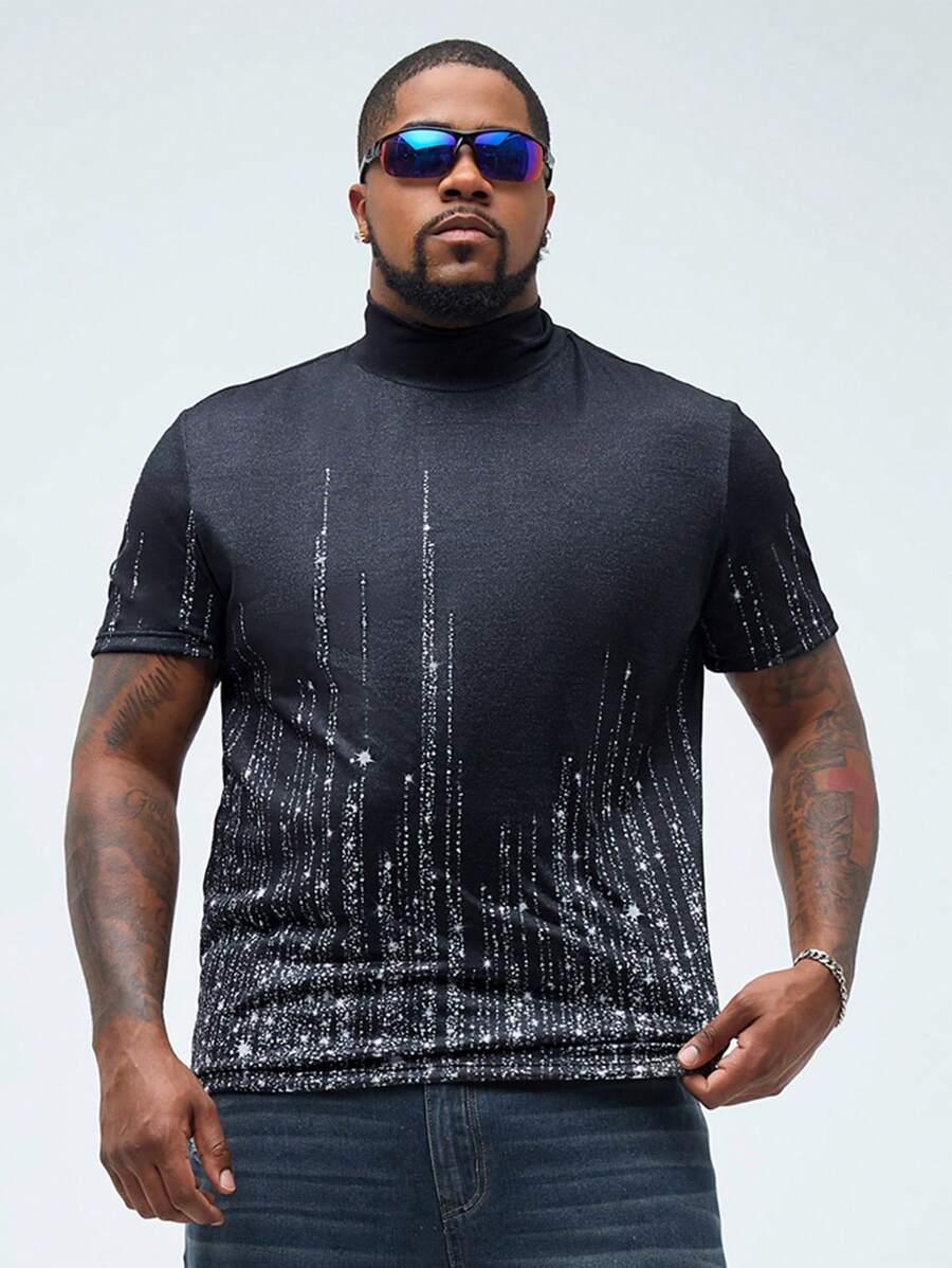 Manfinity VCAY Men's Plus Size Slim Fit Knitted Short Sleeve T-Shirt With Glittery Star Printed Pattern And Turtleneck Collar, Suitable For Summer