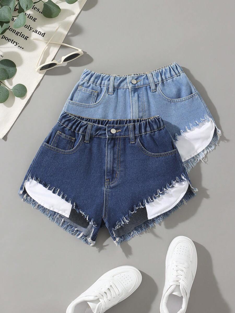 Teen Girl Summer Casual Fringe Hem Washed Denim Shorts With Elastic Waistband