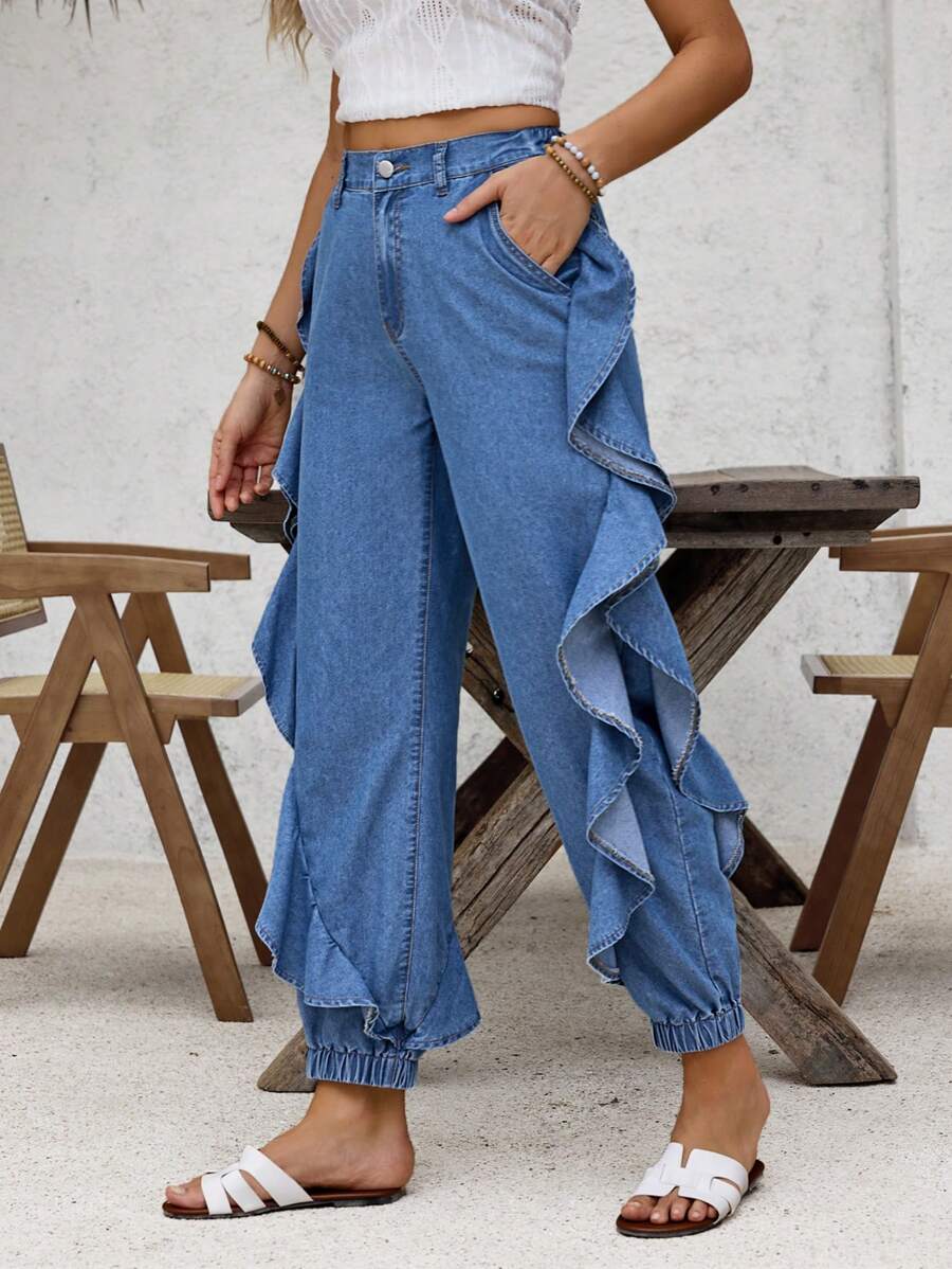 SHEIN LUNE Eenvoudige damesjeans voor dagelijks gebruik, effen kleur en ruches