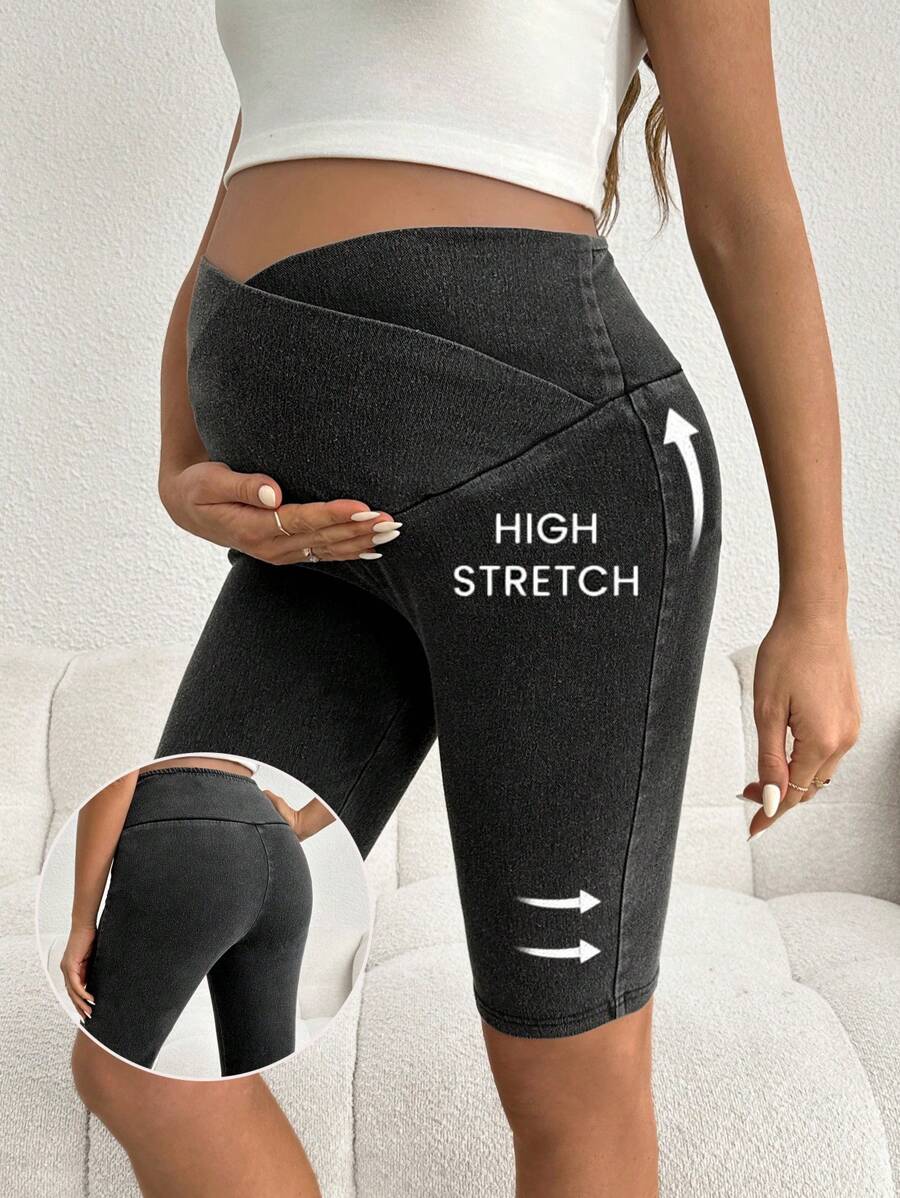 SHEIN Spodenki dżinsowe ciążowe Slim Fit Bermudy Elastyczny krzyż w pasie Czarne