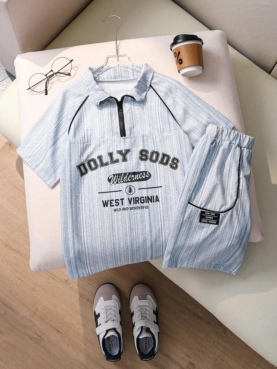 Conjunto de Duas Peças de Estilo Urbano para Meninos Tweens com Colarinho Alto, Zíper e Estampa de Letras