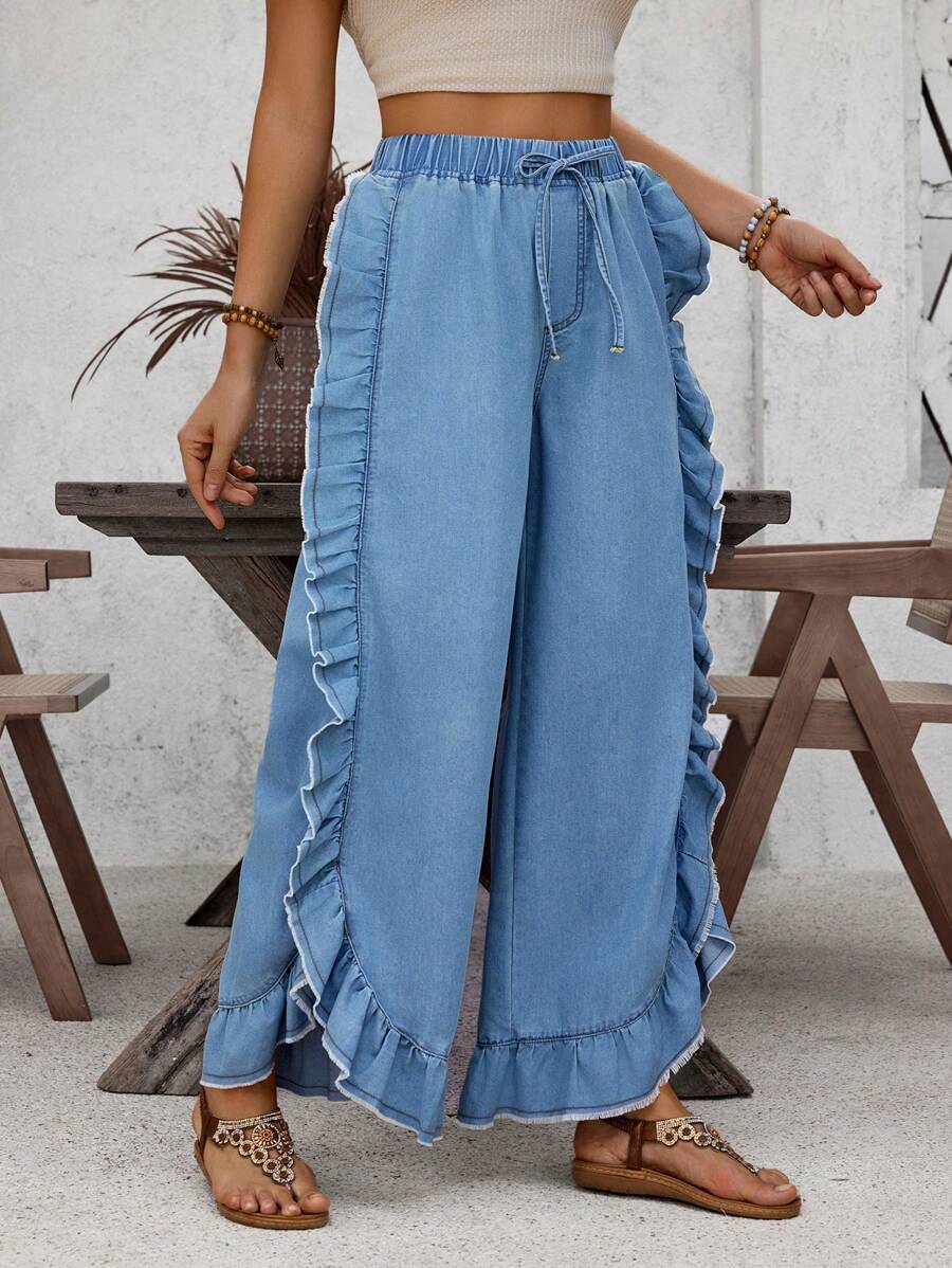 SHEIN LUNE Casual Water Washed Denim Flared Pants With Ruffle Hem