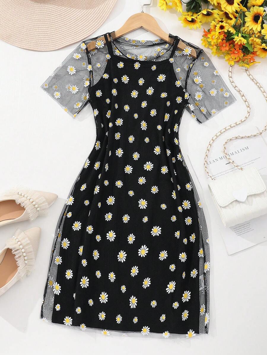 Conjunto de vestido de malla con estampado de margaritas y vestido de tirantes finos de moda para adolescente