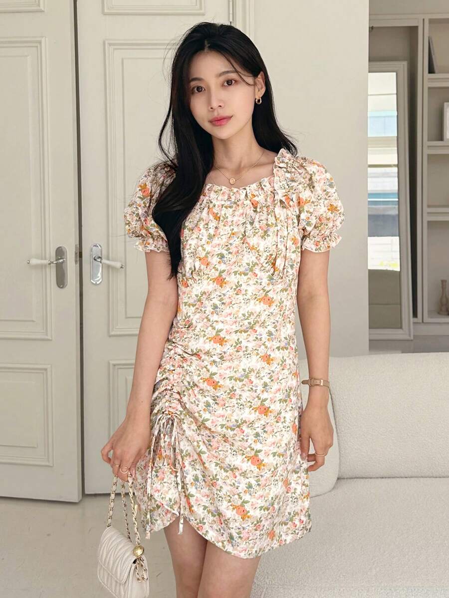 DAZY Women's Ditsy Floral Puff Sleeve Summer Dress Sundress