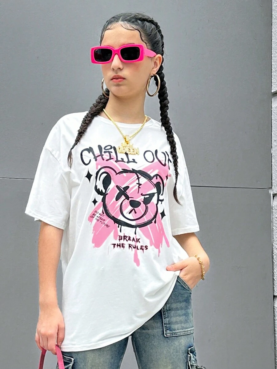 SHEIN Camiseta con estampado de oso de peluche y eslogan para adolescentes, adecuada para uso casual de verano