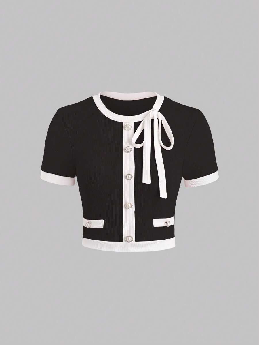Sweetra Contrast Trim Tie Front Tee Graphic Tees Women Tops