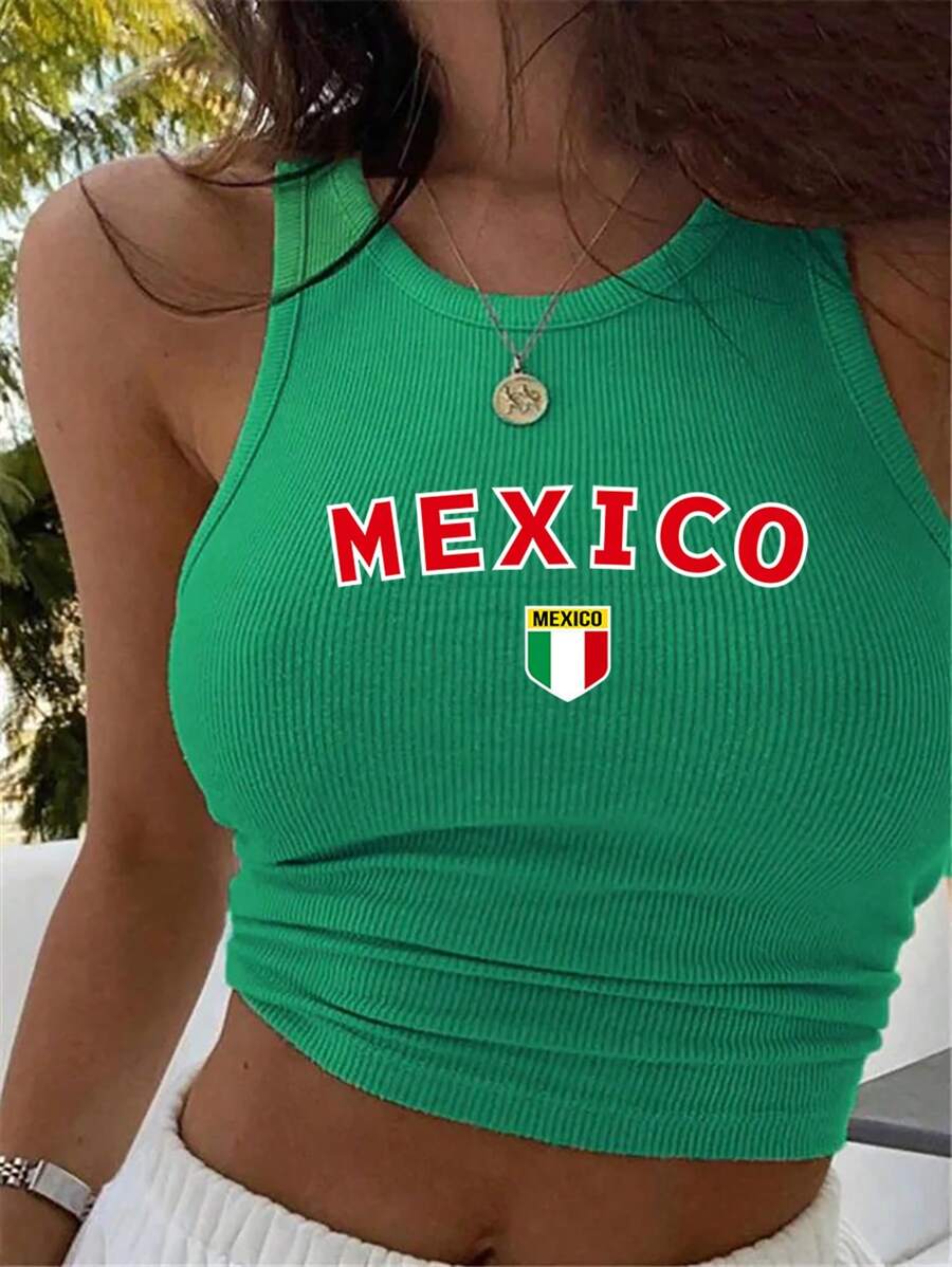 Flirla Women's Sleeveless Mexico Green Tank Top Graphic Tees Women Tops