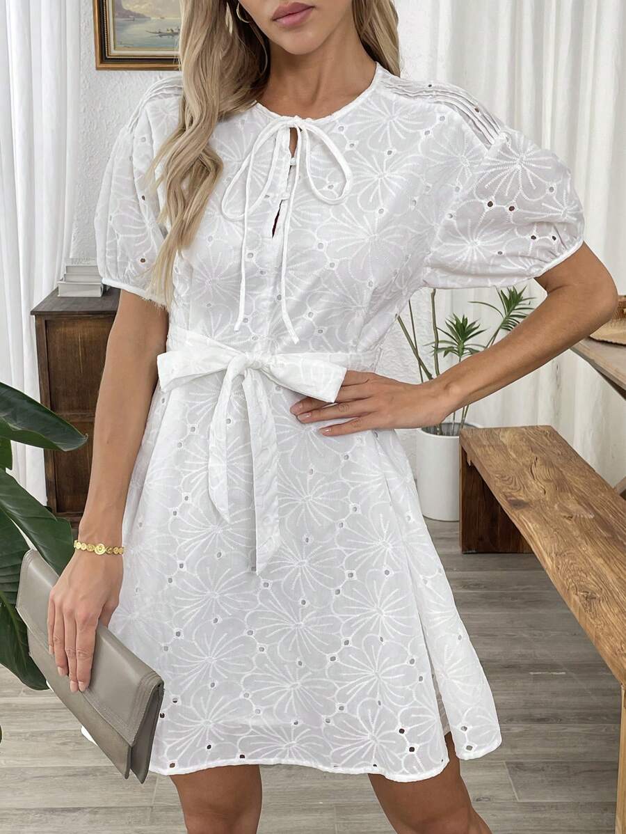 Chiquease Women's Summer Holiday Embroidery Hollow Out Fabric White Bubble Short Sleeve Loose Waist Belted Dress With Tie Neckline