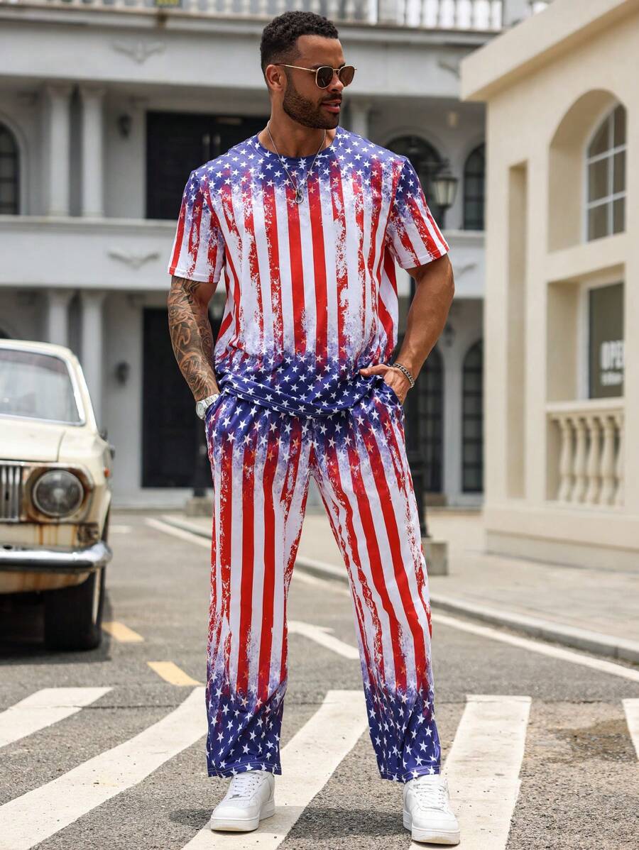 Manfinity LEGND Conjunto de camiseta casual de talla grande para hombre con cuello redondo con estampado de bandera estadounidense de manga corta y pantalones, ropa del 4 de julio
