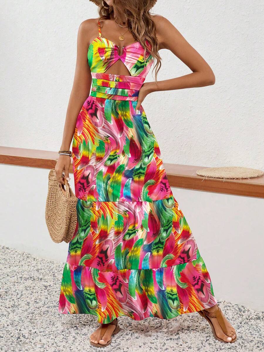 Breezaya Women Summer Vacation Style Brush Printed Waist Hollow Out Long Fashionable Cami Dress