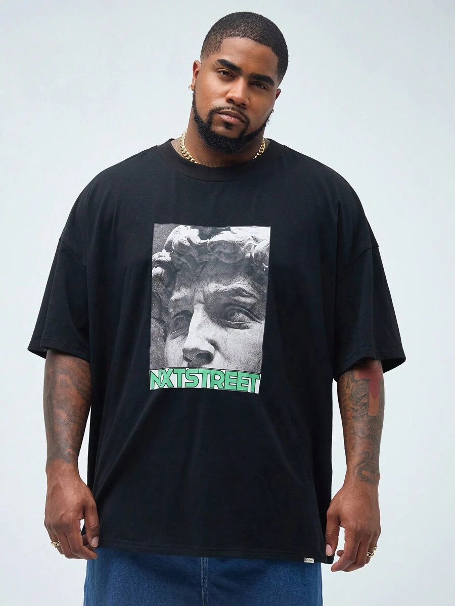 Manfinity VCAY Men's Plus Size Casual David Sculpture Printed Loose Fit Drop Shoulder Round Neck Short Sleeve T-Shirt, Suitable For Summer Daily Wear