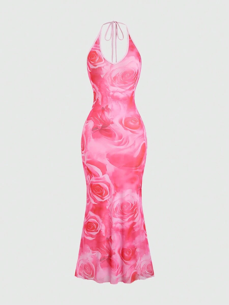 Sweetra Women's Random Printed Backless Simple Daily Dress