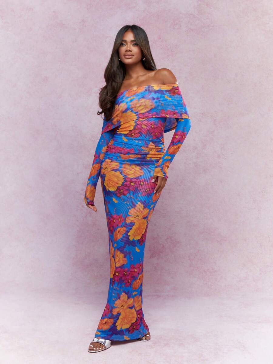 MISSGUIDED Floral Printed Long Sleeve Bardot Maxi Dress