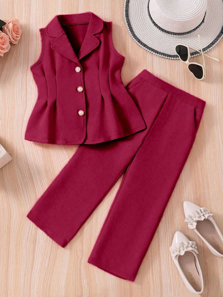SHEIN Young Girl Ladylike Sleeveless Vest And Trousers Set With Flat Collar, Spring And Summer