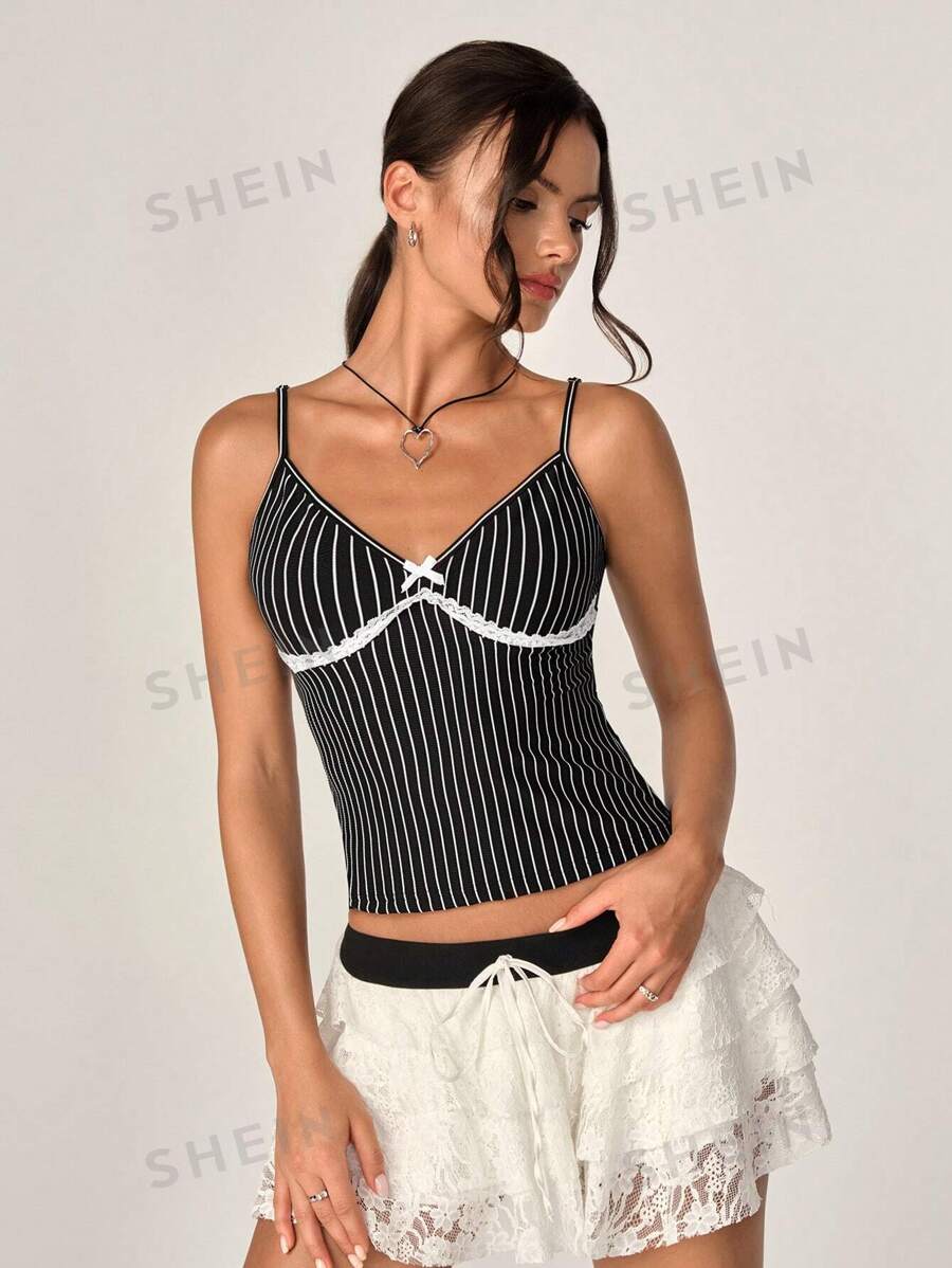 Flirla Camiseta sin mangas con encaje y rayas para mujer, decorada con lazo (corte aleatorio) para verano