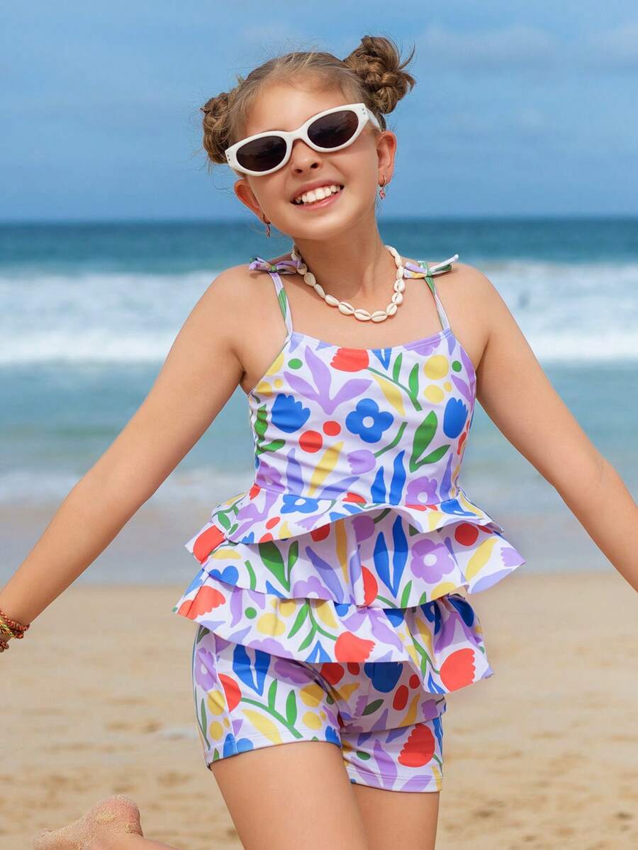 Tween Girls' Summer Beach Floral Printed Camisole Tank Top And Bermuda Shorts Vacation Tankini Swimwear Set