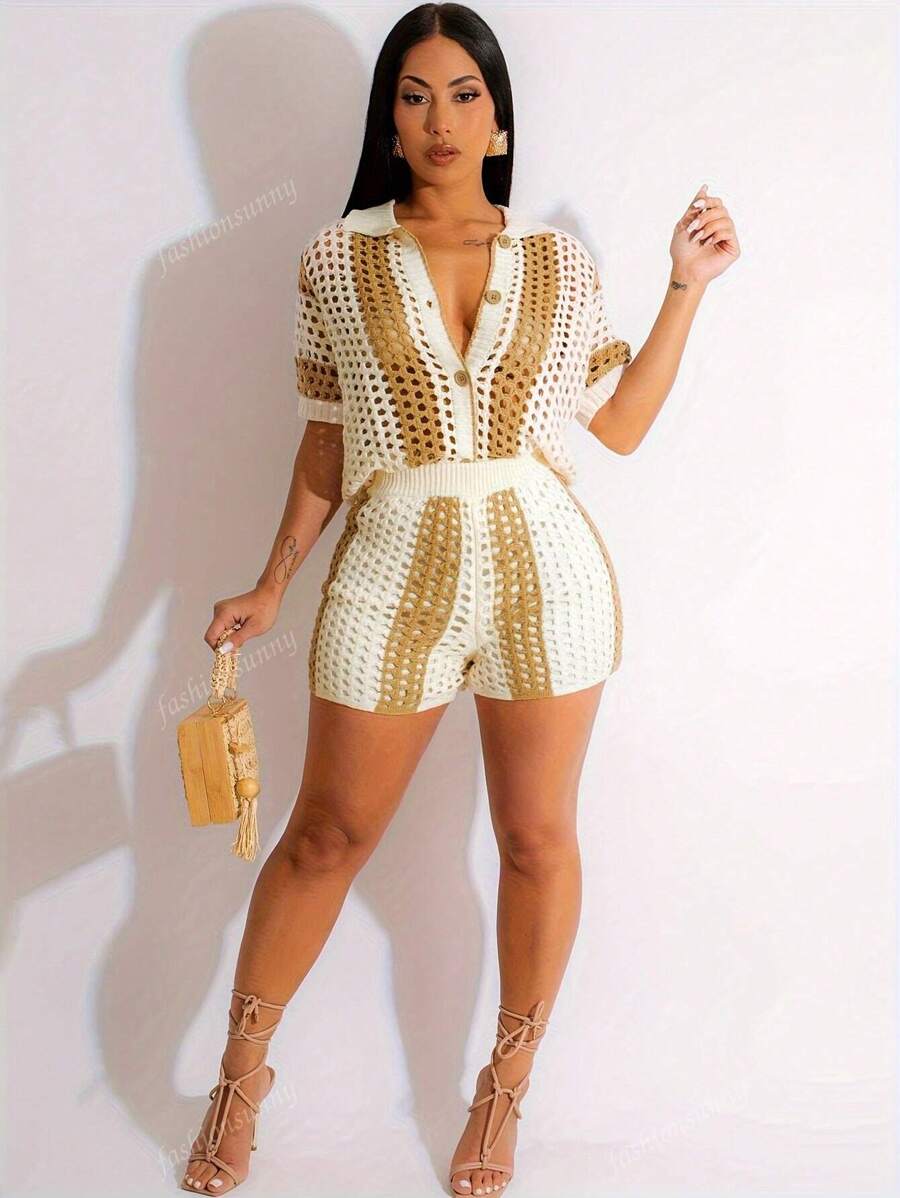 Conjunto de pantalones cortos de mujer de punto calado con cuello transparente