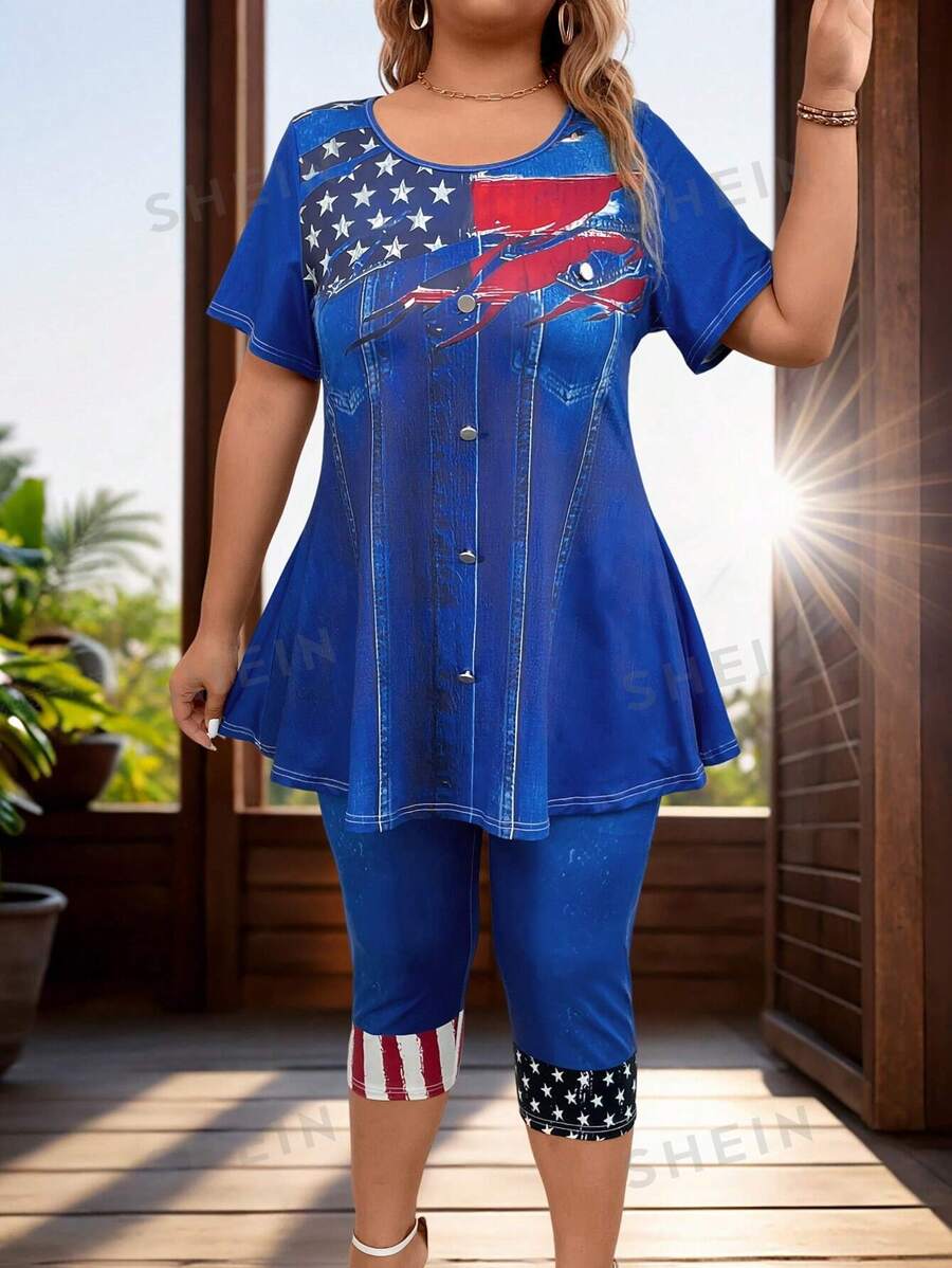 SHEIN LUNE Conjunto de camiseta de manga corta y pantalones cortos con estampado de bandera en talla grande