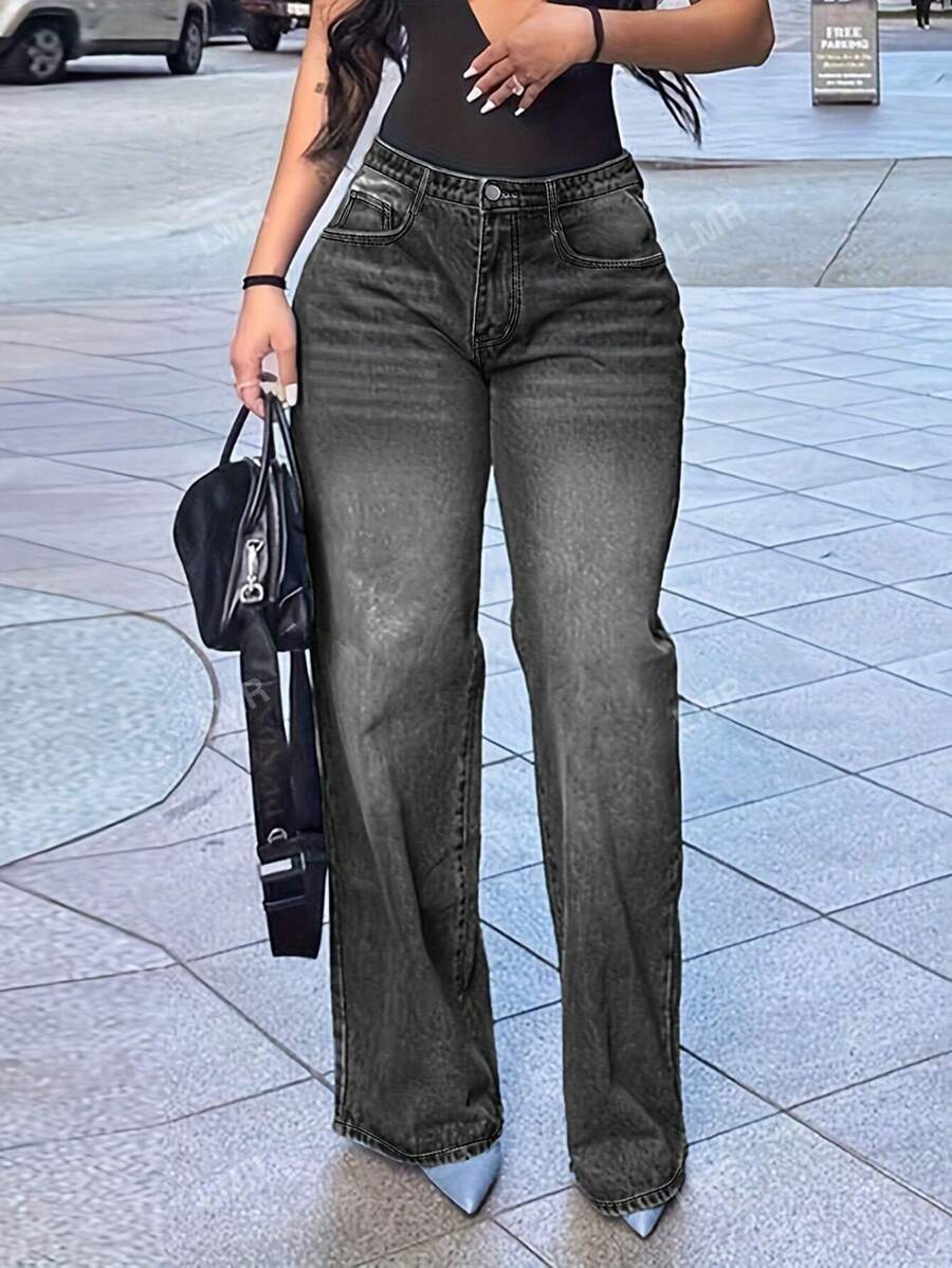 Effenkleurige, eenvoudige, casual jeans met rechte pijpen voor dames
